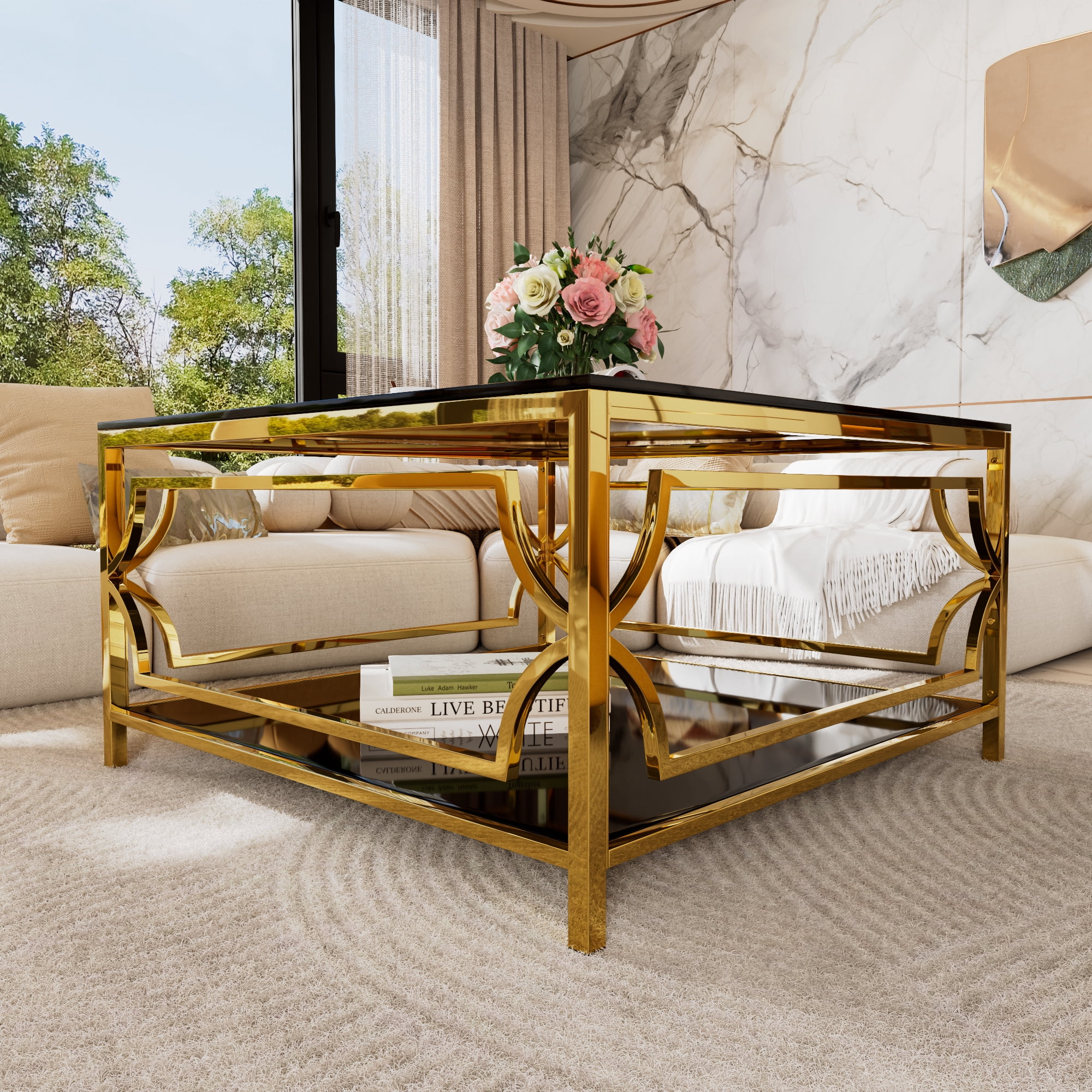 Square Glass Coffee Table in 33.5",Luxurious Geometric Metal Frame,Gold Finish & Lower Shelf