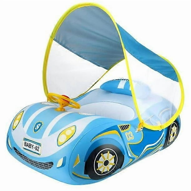 Baby Inflatable Pool Float with Canopy Sunshade Car Shaped Baby Swim Ring with Safety Seat Steering Wheel Horn for Infants Summer Beach Outdoor Play