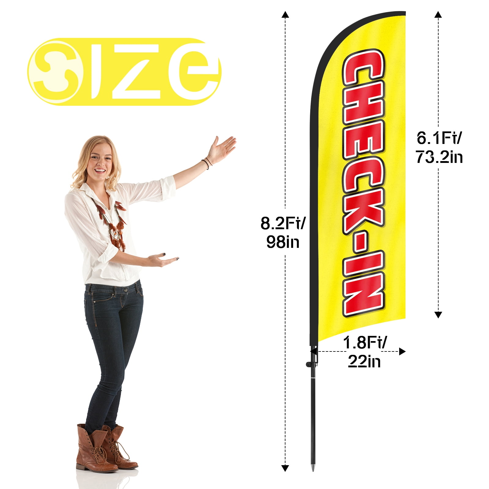 QSUM Check-in Feather Flag with Flag Pole Kit and Ground Spike, 8.2FT Check-in Windless Flag Banner Sign Business for Outdoor Advertising Sign Decoration Display