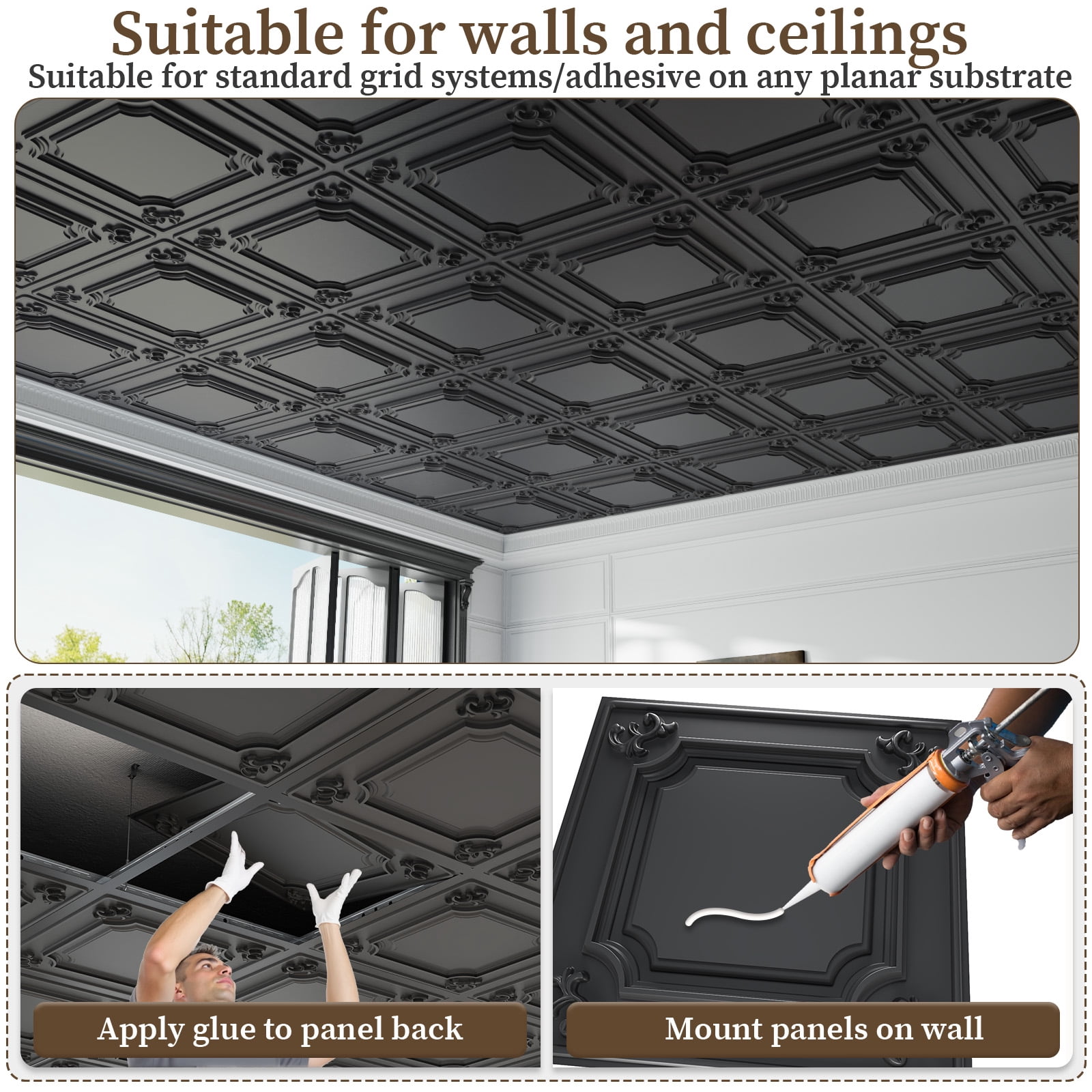 LooYee 24 Pack Black Ceiling Tiles 24x24 Inch, French Style 3D Decorative Ceiling Panels 2x2Ft PVC Waterproof Washable Plastic Material, Cover 96 Sq.Ft