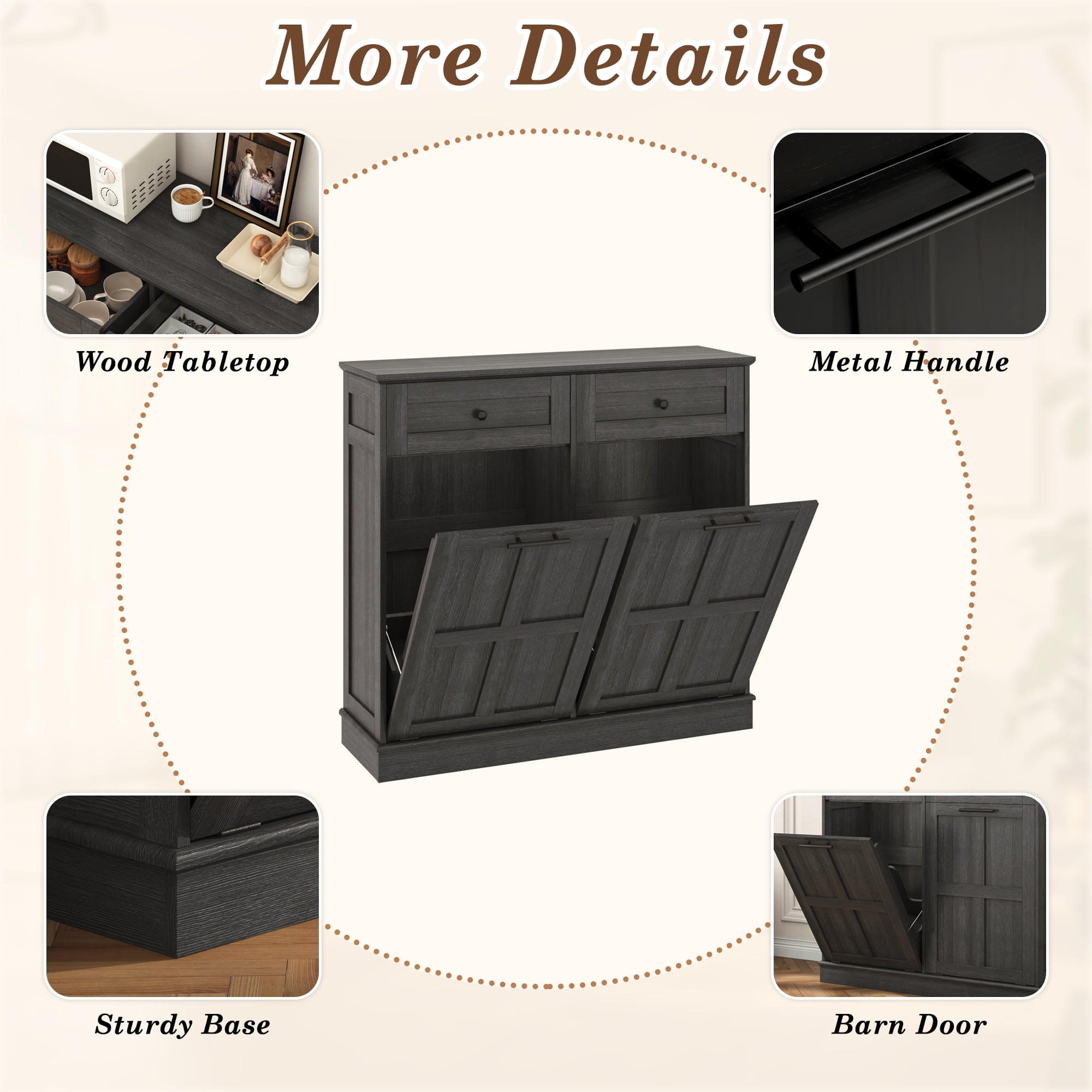 Blotout Double Tilt Trash Cabinet with 2 Hidden Drawers,Kitchen Hidden Trash Can with Flip Cover,Suitable for Kitchen,House,Apartment,Dormitory,Laundry Room