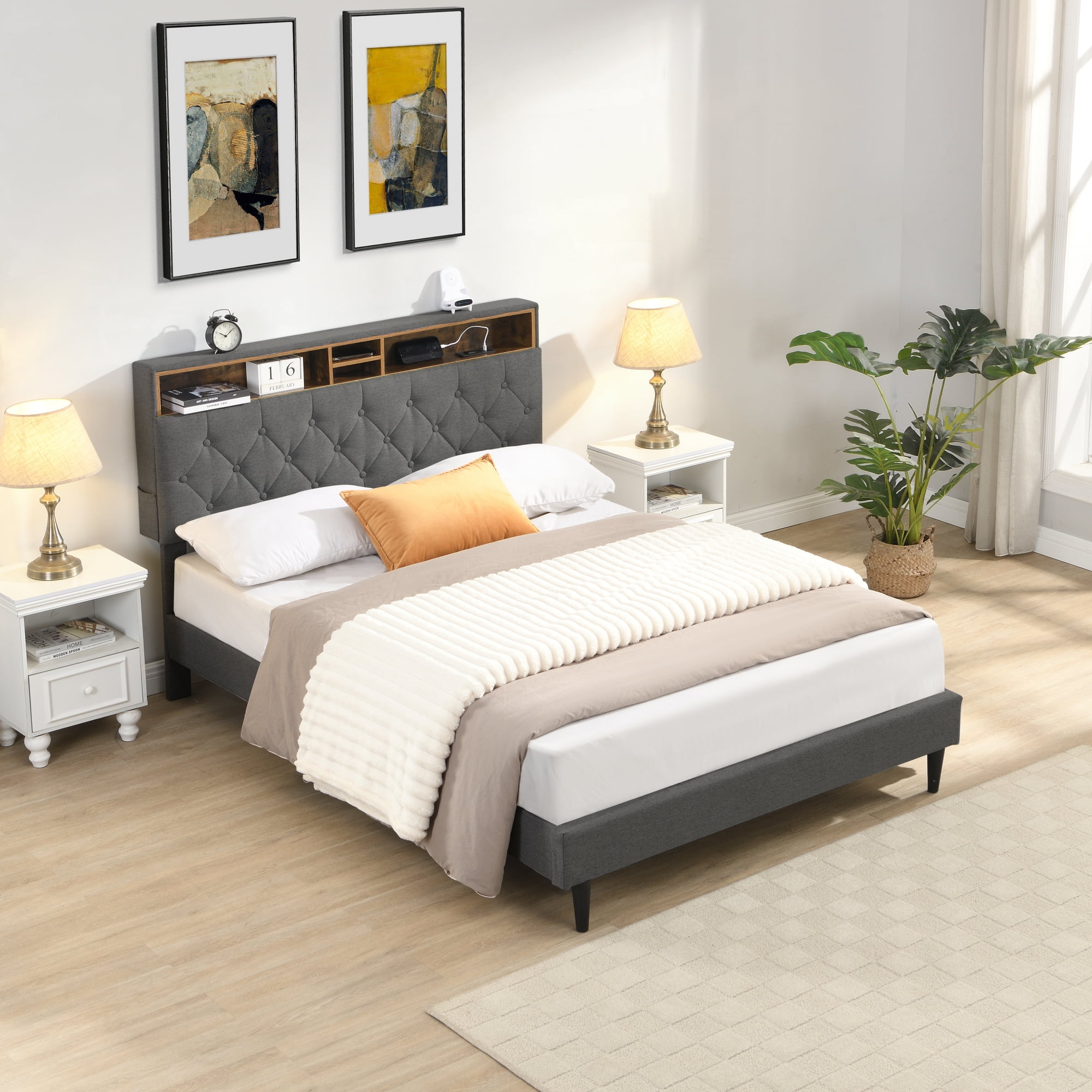 Leumius Queen Size Bed Frame with USB Ports, Modern Platform Bed with Tufted Upholstered Headboard & Storage Shelf, Queen