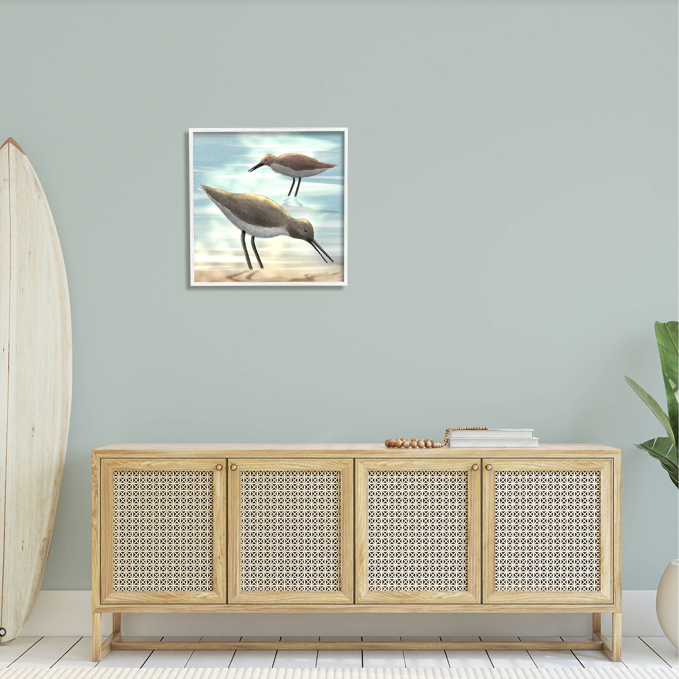 Stupell Industries Sandpipers Grazing Coastal Ocean Shore Graphic Art White Framed Art Print Wall Art, Design by Marcus Prime