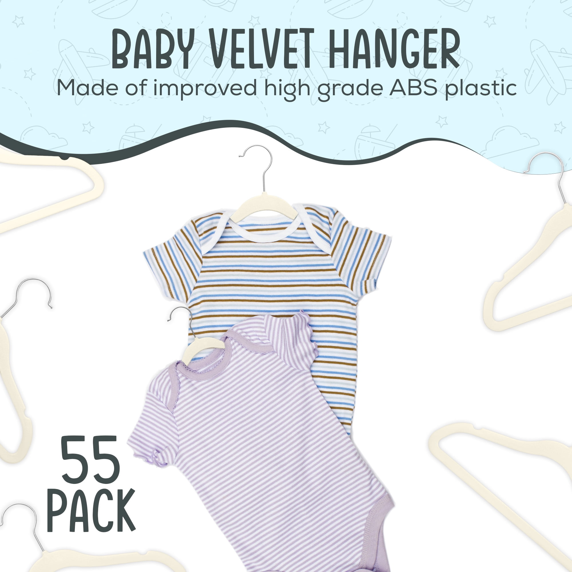 Techzoo Premium Baby Velvet Hangers 55 Pack – 11.8" Non Slip Felt Cloth Hangers for Closet – Ultra Slim, Space Saving Baby Clothes Hangers with 360° Swivel Hook Infant Hangers – Ivory
