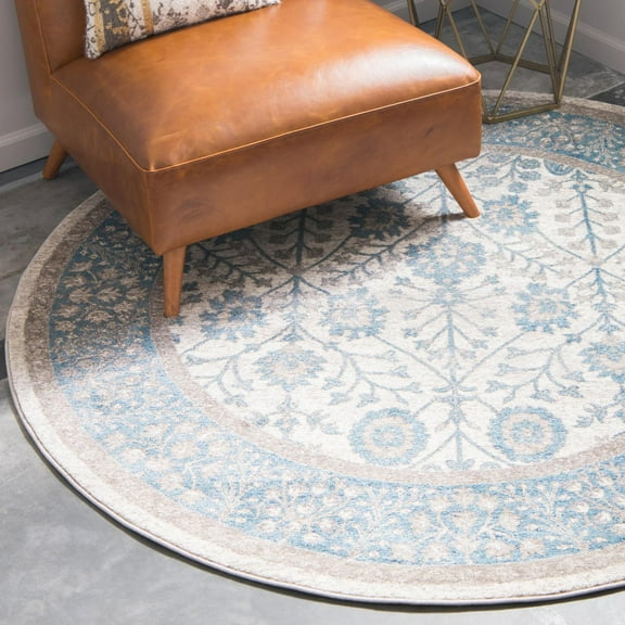 Unique Loom Salzburg Collection Area Rug - Gneis (7' 3" Round Cream/Light Blue)