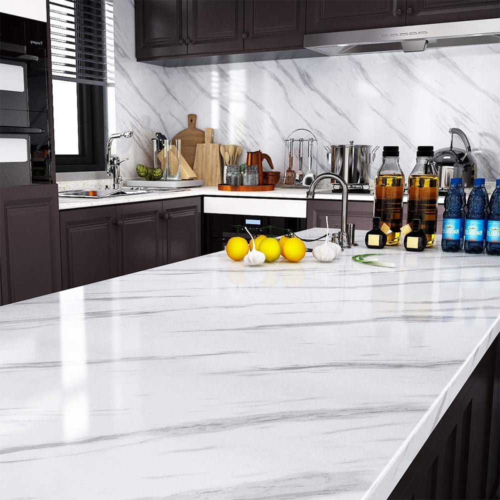 EIMELI 3D White/Gray Marble PVC Wallpaper Thicken Cleanable Self-Adhesive Paper for Countertops Removable Peel and Stick Wallpaper Wall DIY Design 1.96 x 16.4 ft Back Splashes for Kitchens