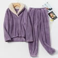 thumbnail image 3 of Defitshape Women's Fuzzy Fleece Pajama Set 2 Piece Fluffy Pjs Long Sleeve Shirt Pants Set Ladies Cute Winter Fall Warm Thermal Loose Baggy Plush Lounge Set Loungewear Purple Small, 3 of 4