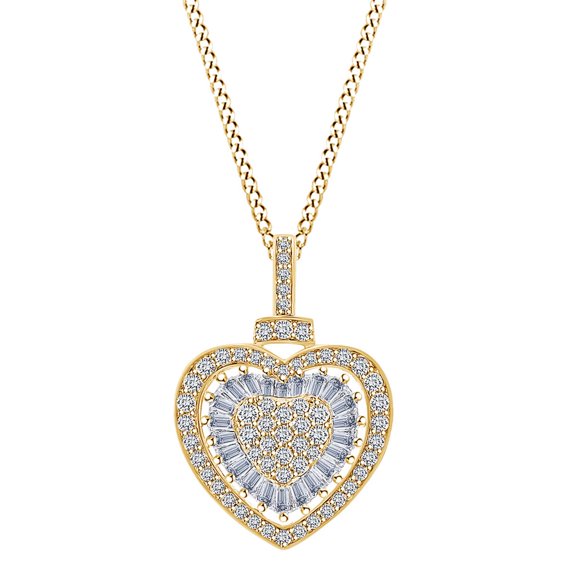 AFFY 1/2 Carat Round/Baguette White Natural Diamond Double Heart Cluster Pendant Necklace 10k Solid Yellow Gold with 18" Chain (I-J Color, I2-I3 Clarity, 0.50 Cttw)
