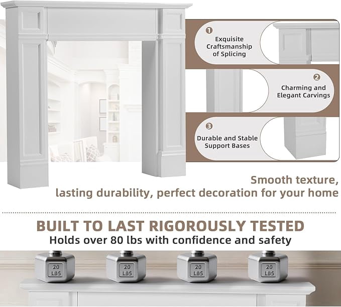 EPICOZY 43.3" Fireplace Mantel, Freestanding Fireplace Surround with Leg for Electric Fireplaces, MDF Mantel Surround with Shelf for Living Room with Decorative Pattern, Anti-Tipping & Waterproof