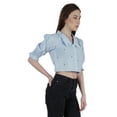 thumbnail image 4 of Moomaya Puff Sleeve Crop Top For Women Solid Button Down Collar Designer Shirt, 4 of 7