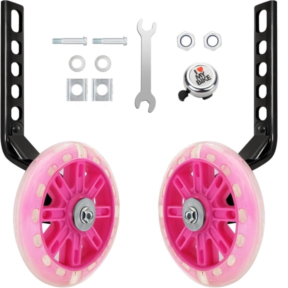 Bike Training Wheels, Adjustable Mute Stabilizers for 12 14 16 18 20inch Bikes, Heavy Duty Rear Mounted Kit with Tools&Bell, Fits Single Speed(pink)