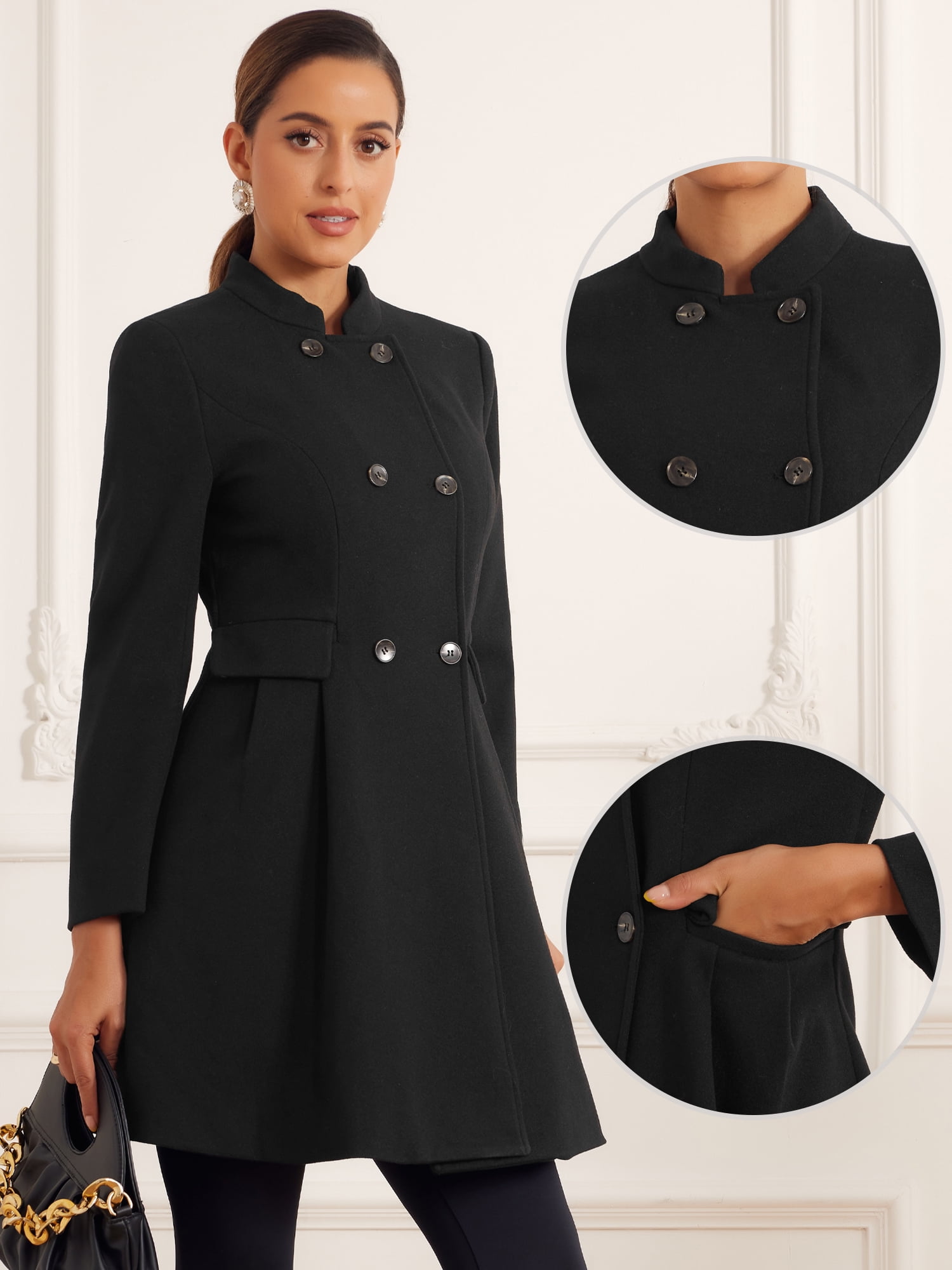 DARING DIVA Women's Stand Collar Double Breasted Winter Coat with Pockets Black XL