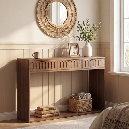 Rustic Farmhouse Entryway Console Table 51 Inch Walnut Sofa Table with Drawer and Lower Shelf Narrow Design for Living Room Hallway Foyer Behind Couch Easy Assembly