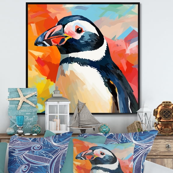 Designart "Pop Art Penguin Parade I" Animals Framed Wall Art - White Penguin Entryway Framed Wall Art Print