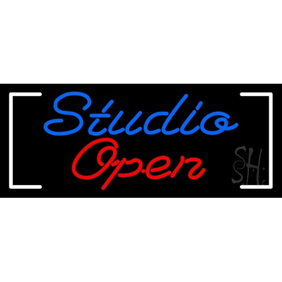 Blue Studio Red Open Border LED Neon Sign 13 x 32 - inches, Clear Edge Cut Acrylic Backing, with Dimmer - Bright and Premium built indoor LED Neon Sign for art gallery, and exhibition.