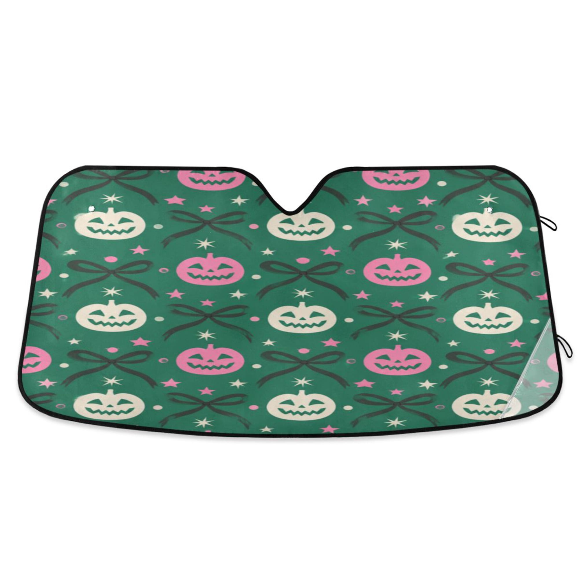 Foldable Car Windshield Sunshade UV Sun Visor Protector Blocks UV Rays Keeps Vehicle Cool 53x23.5 Inch Green Halloween Pumpkin Bow Pattern