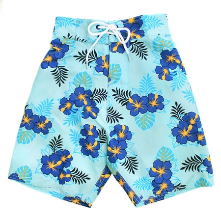 Boy Hawaiian Swimwear Board Shorts with Tie in Hibiscus Palms in Blue 2 Year