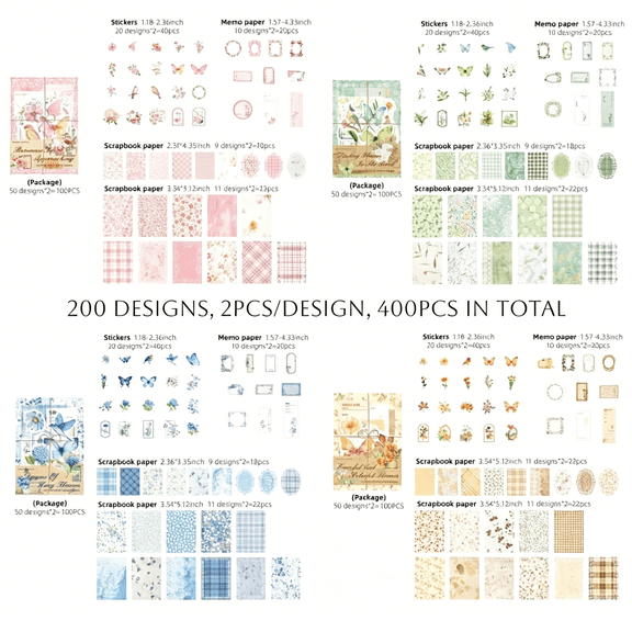 CCOCC 400Pcs Vintage Scrapbooking Kits, 4 Pack Scrapbook Paper & Stickers Assorted Set, Decorative Craft Paper for Junk Journaling Card Making Collage Planner Diary Album Decor