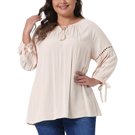 DARING DIVA Women's Plus Tie-Neck Raglan Sleeves Hollow Out Top 1X Beige