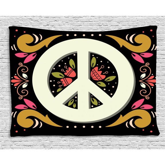 Hippie Tapestry, Graphic Peace Sign with Flower Shapes Sixties and Seventies Pacifism Icon or Symbol, Wall Hanging for Bedroom Living Room Dorm Decor, 60W X 40L Inches, Multicolor, by Ambesonne