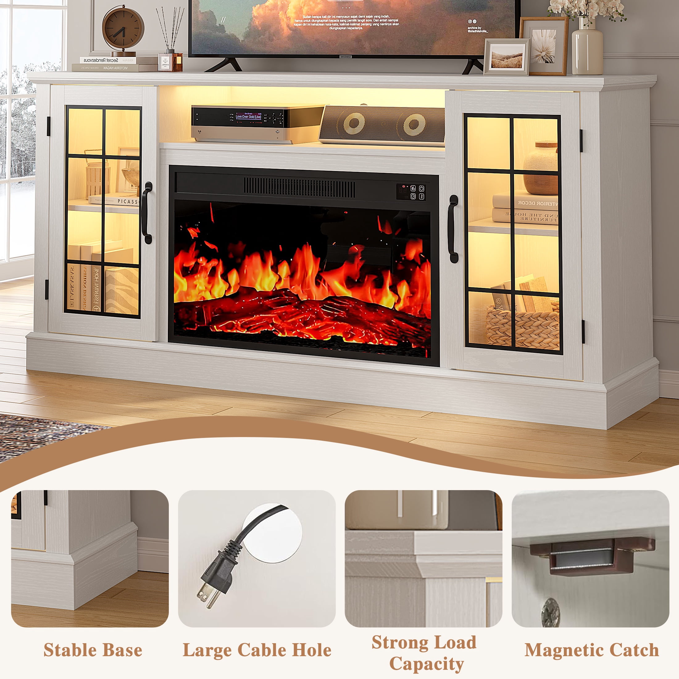 PAPROOS 63" Fireplace TV Stand for TVs up to 70" with 32" Electric Fireplace, Entertainment Center with LED, Modern Television Table Center With Remote Control for Living Room, White