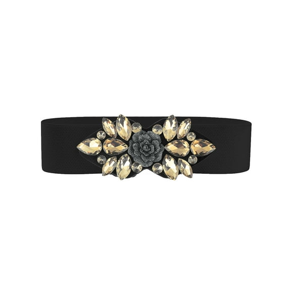 Cinturones elásticos para mujeres, banda de cintura vintage elegante con flor de rosa de strass para vestido abrigo 90x6cm/35.4x2.4" banda negra-champán