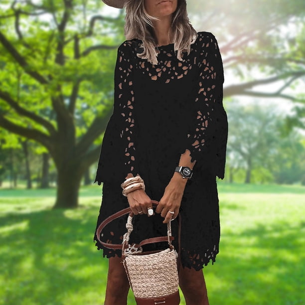 Vestido De Las Señoras Vestido floral de encaje para mujer Vestido elegante de verano simple para vacaciones (Negro XL) Cgtredaw Para estrenar