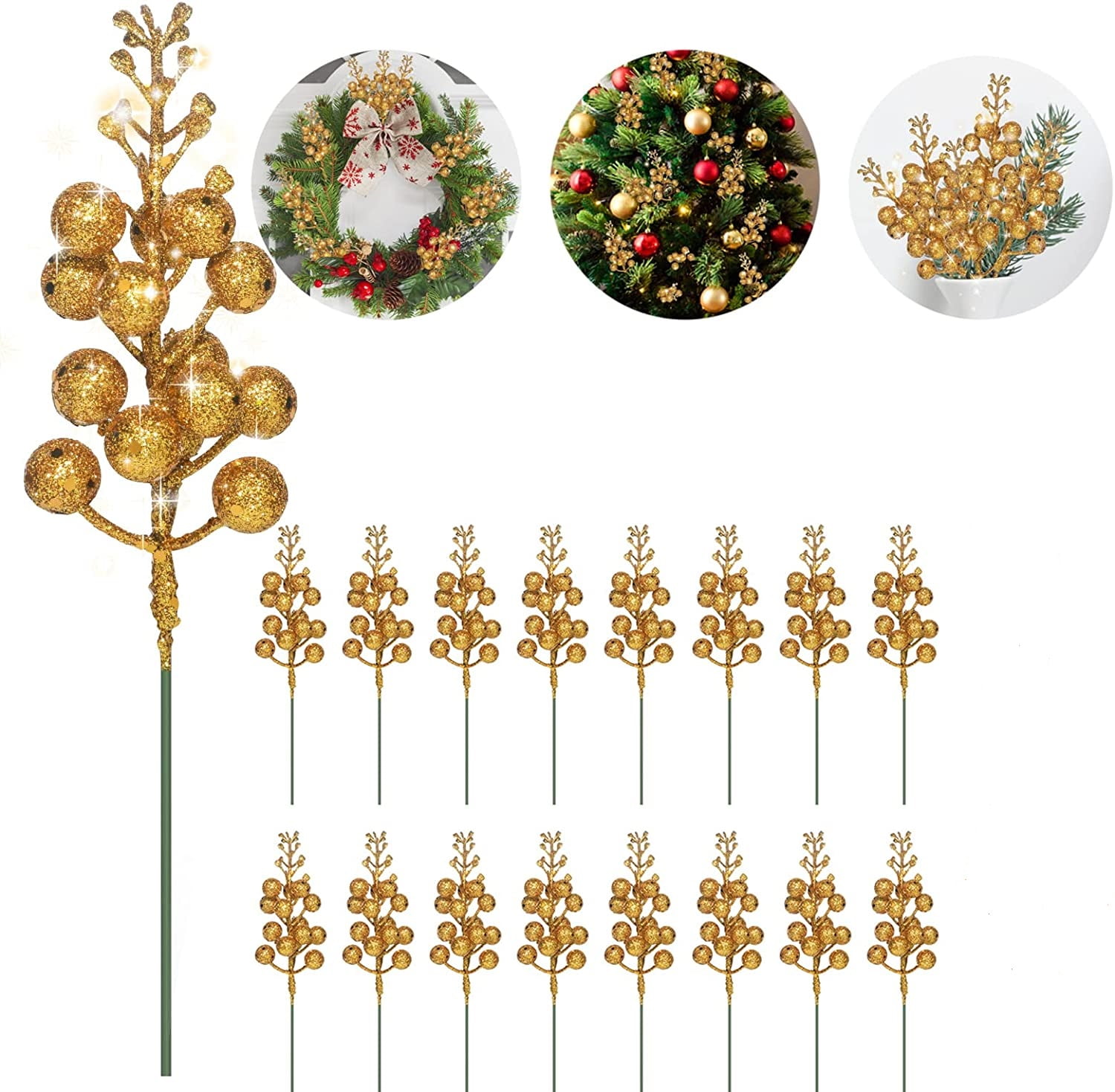 16 Pcs Christmas Glitter Berries Stems, 8.7Inch Artificial Christmas