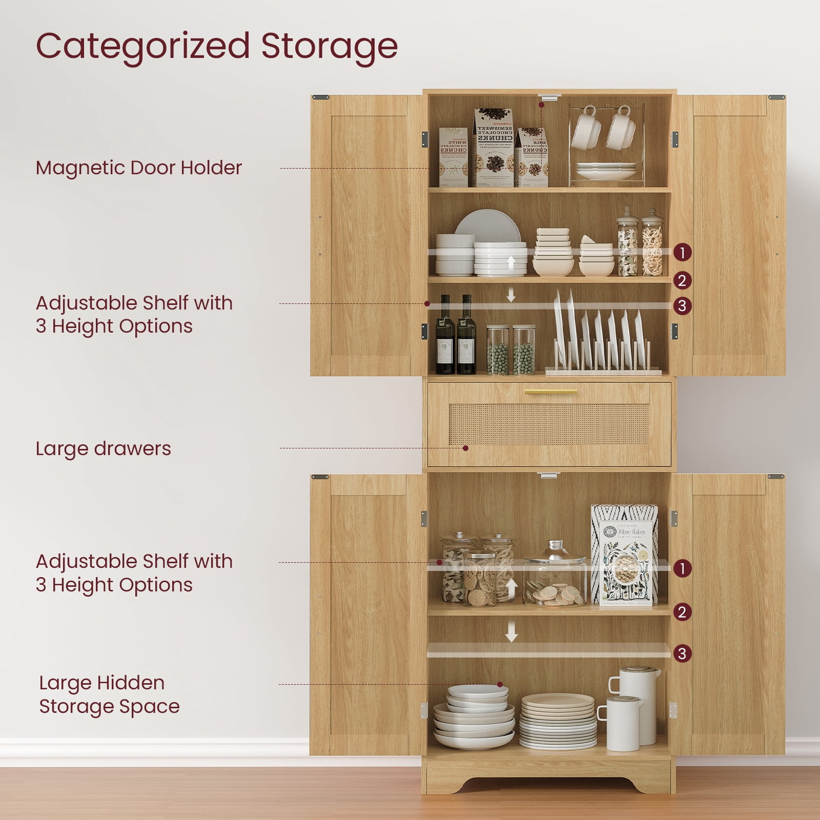 TEENFON Tall Kitchen Pantry Storage Cabinet, Freestanding Cupboard with 1 Large Drawer, for Dining Room, Living Room, Laundry