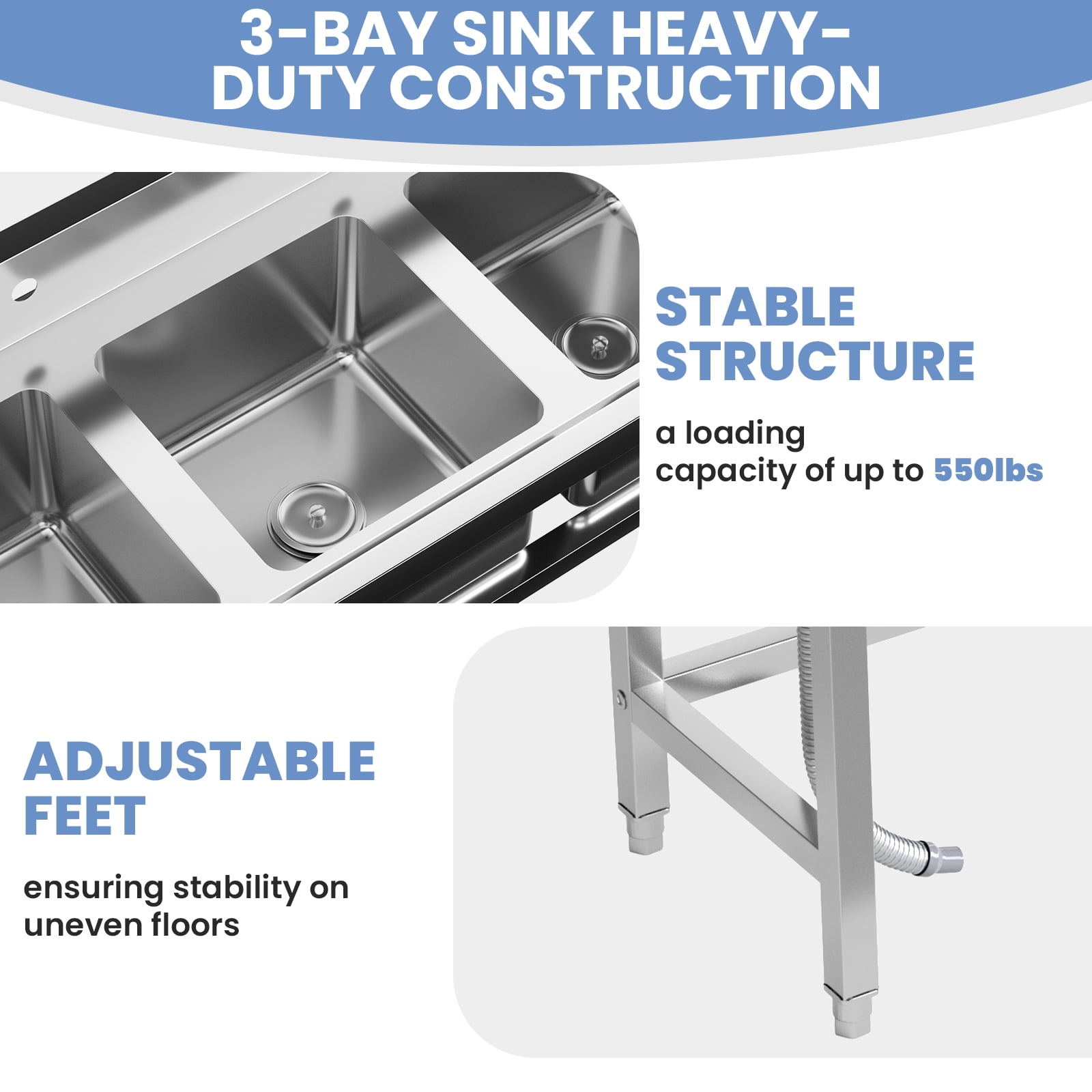 3 Compartment Commercial Utility Sink, Outdoor Freestanding Kitchen Sink with Adjustable Legs, Utility Sink, Freestanding Utility Sink for Laundry, Farmhouse Use