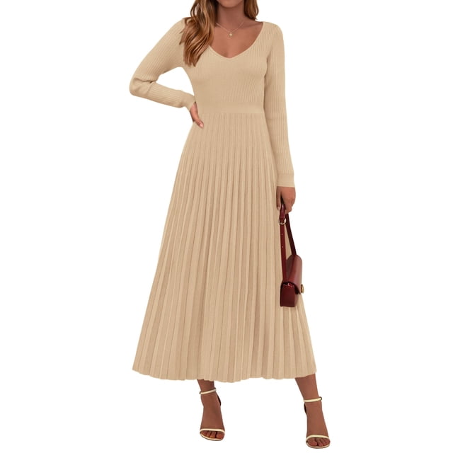 Vestido PRETTYGARDEN Suéter Manga Larga Cuello V Beige Talle S