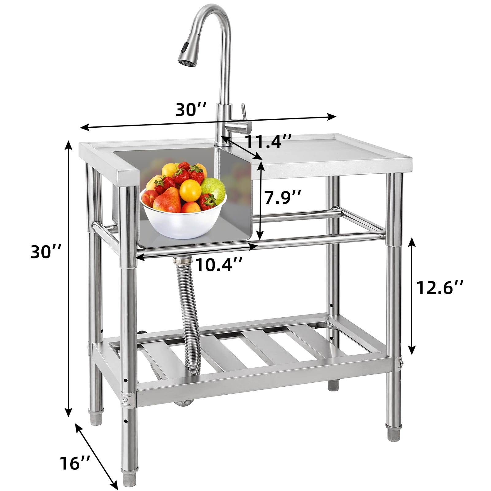 Huisuilinss Stainless Steel Sink Free Standing Single Bowl Kitchen Sink With Workbench Utility Sink With Hot & Cold Hoses For Laundry Room Farmhouse Bathroom Restaurant Garage