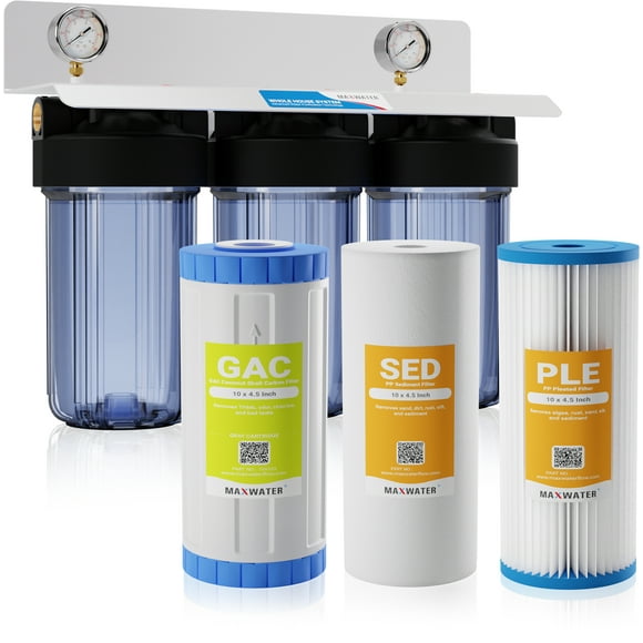 Max Water 3-Stage 10"x4.5 Whole House Big Blue Water Filtration System with Clear Housings + 2 Gauges - 1" NPT Ports