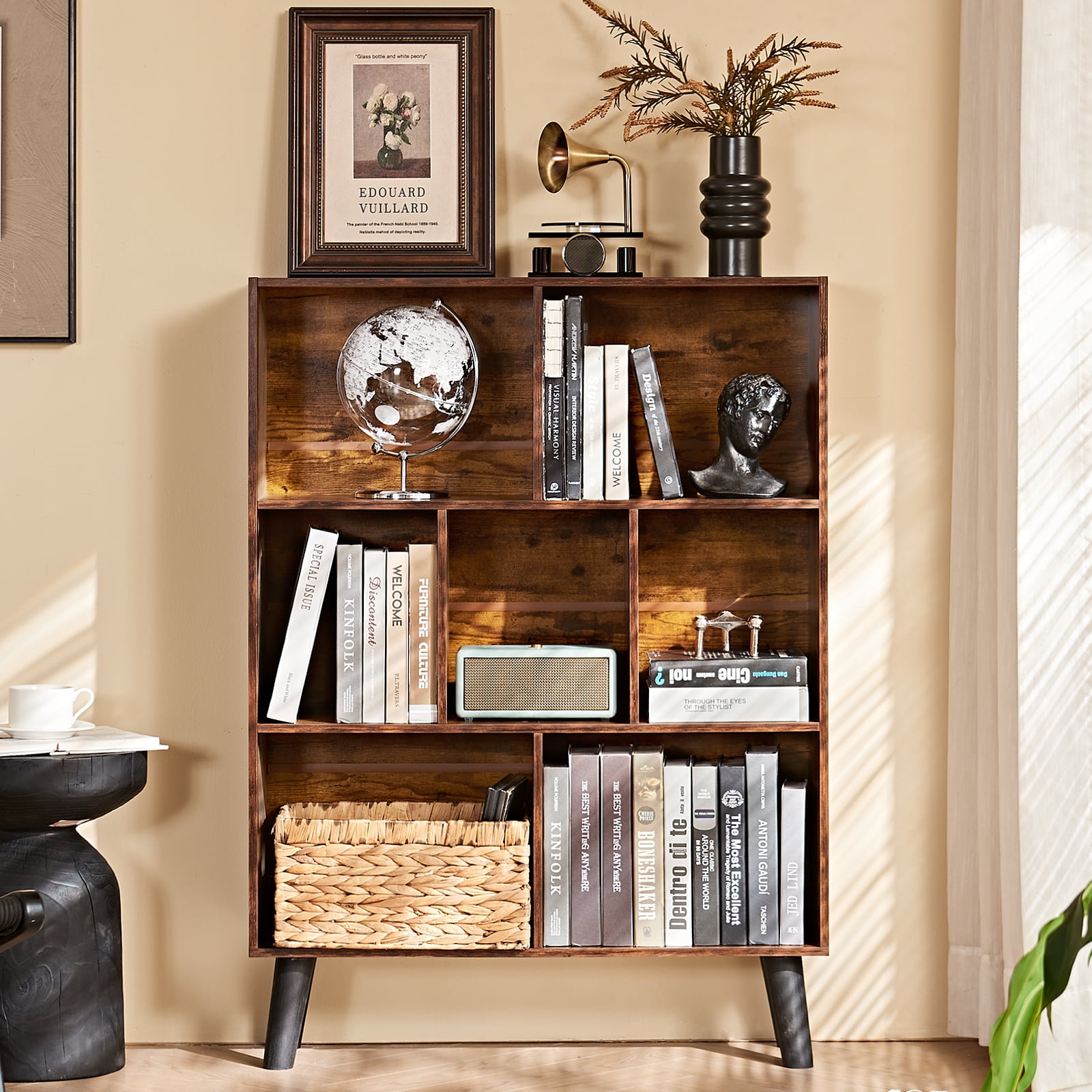 LELELINKY 7 Cube 3-Tier Open Wooden Bookshelf, Toy Shelves Bookshelves,Wood Display Bookcases, Brown