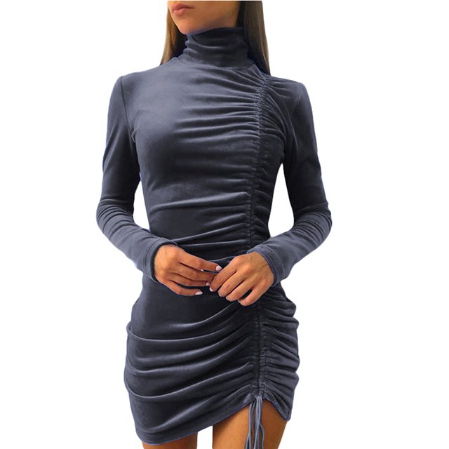 VISgogo - Vestido corto plisado con cordón de color sólido para mujer, informal, de manga larga VISgogo moda