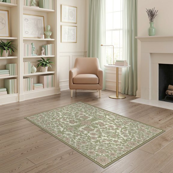ODIKA Neutral Boho Retro Vine Ornate Border Chartreuse Vintage Pastel for Home Office, Gaming Room, Under Desk, Non-Slip Chair-Friendly
