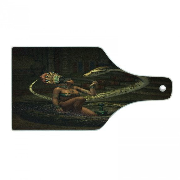 Fantasy Cutting Board, Mystery Dark Skin Girl with Headdress Eye to Eye with Snake, Decorative Tempered Glass Cutting and Serving Board, Wine Bottle Shape, Green Brown Cinnamon, by Ambesonne