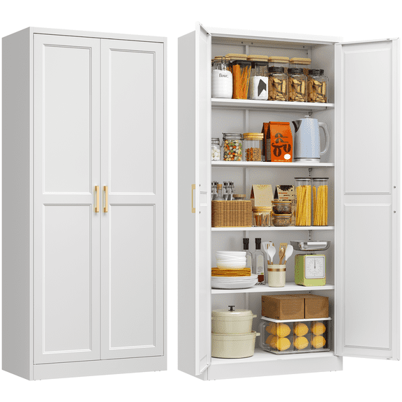 Polup 71" White Metal Pantry Storage Cabinet, 2 Doors, Adjustable Shelves, Tall Freestanding Steel Cupboard for Kitchen, Garage, Laundry, Home