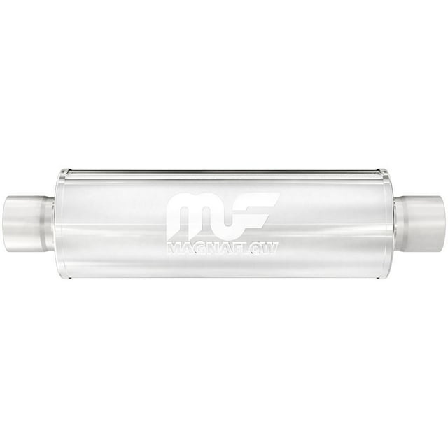 Magnaflow Performance Exhaust Muffler 10426 4 Inch Diameter Satin Stainless Steel Case; Single 2-1/2 Inch Center Inlet; Single 2-1/2 Inch Center Outlet; 18 Inch Body/24 Inch Overall Length