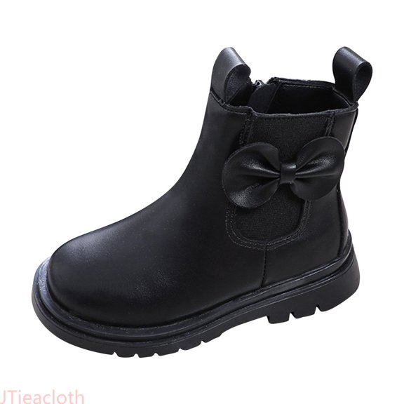 JTieacloth Girls Bow Decor Side Zipper Ankle Boots, Non- Soft Sole Casual Cute Short Boots for Kids(Black)