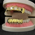 thumbnail image 2 of Gold Color Plated Hip Hop Teeth Hollow Fang Top & Solid Fangs Bottom Grillz Set Vampire Grills Sets, 2 of 5