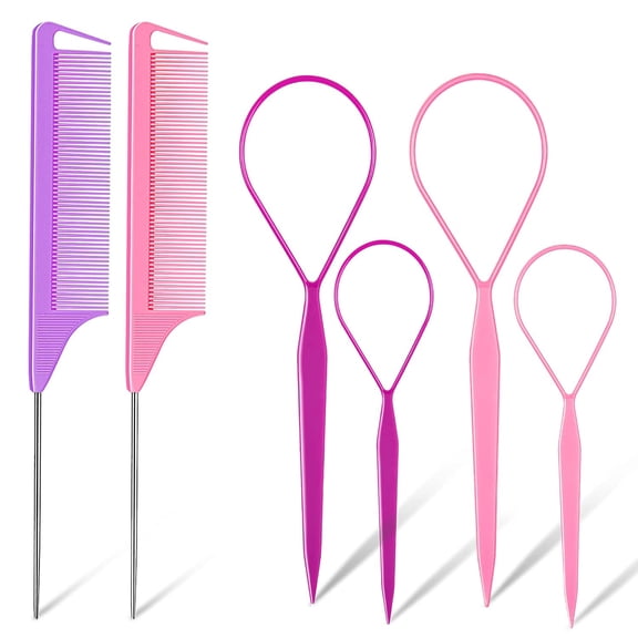 Hair Tail Tools, 6Pack Hair Loop Tool Set with 2Pairs French Braid Tool Loop 2Pcs Rat Tail Comb for Hair Styling, Purple&Pink