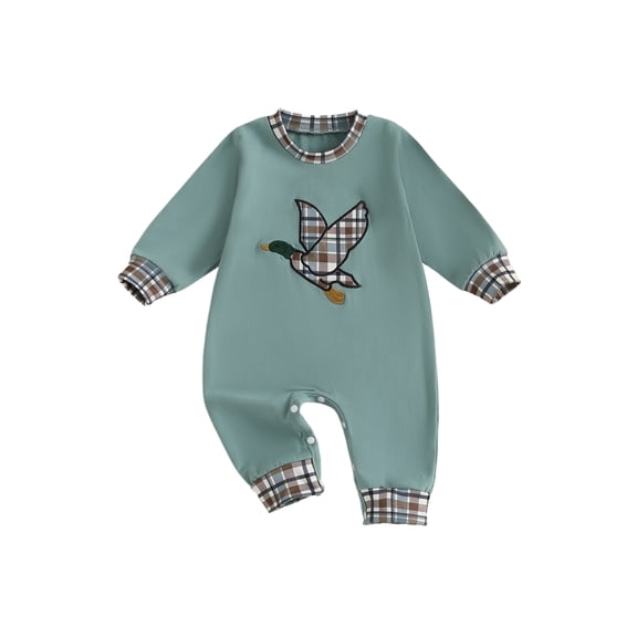 BemeyourBBs Newborn Baby Boy Duck Hunting Outfits Romper Spring Fall Winter Clothes Cute Mallard Embroidery Plaid Long Sleeve Jumpsuit One Piece Outfit
