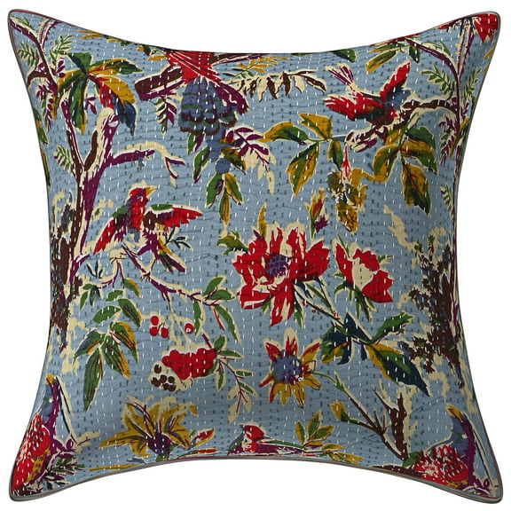 Stylo Culture Indian Decorative Throw Pillow Cover 16 x 16 Kantha Grey Printed 40x40 cm Living Room Toss Pillow Case Cotton Bird Floral Square Cushion Cover | 1 Pc