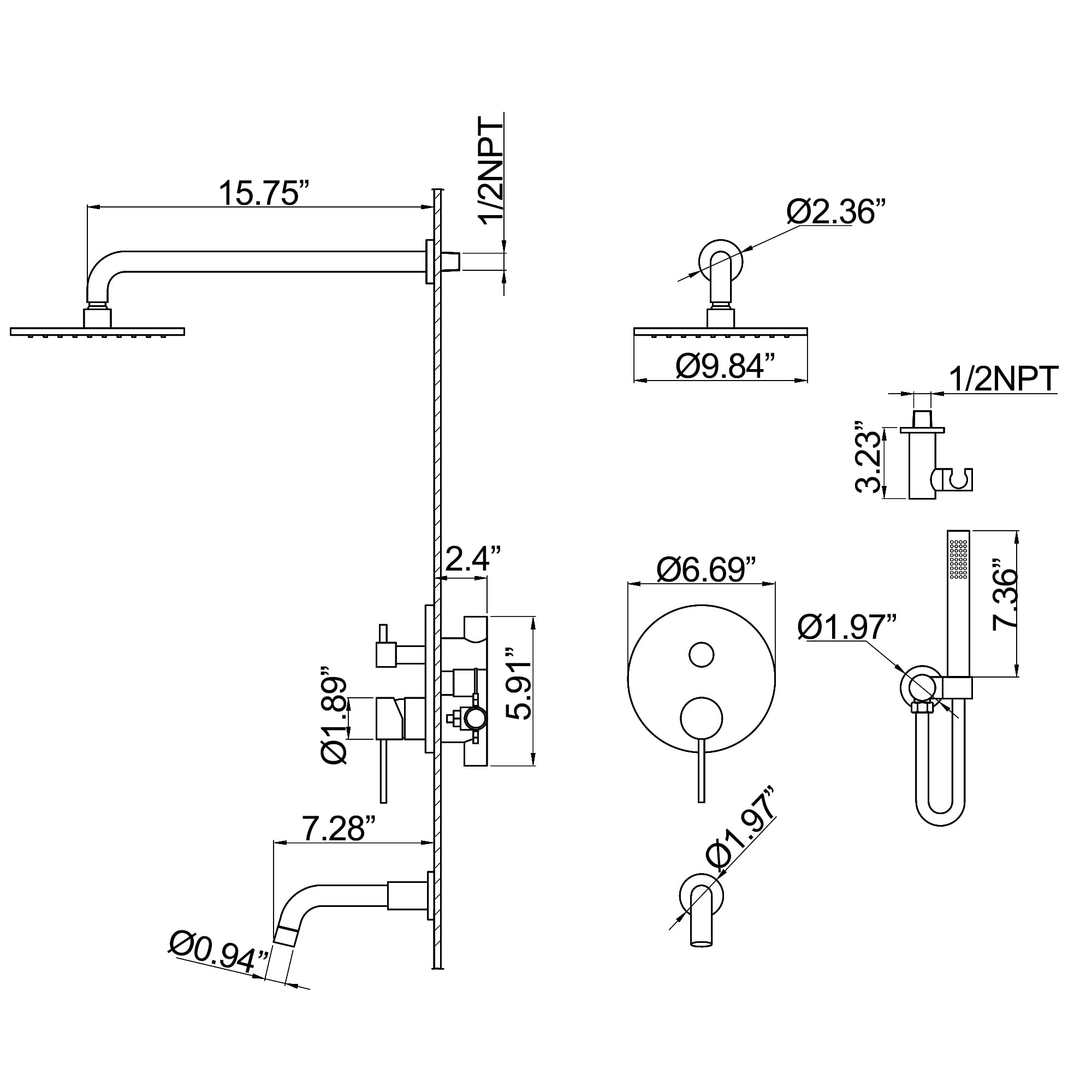 Three Functions Complete Shower System, Shower Faucet Set with Bathroom Bathtub Faucet with Rough-in Valve