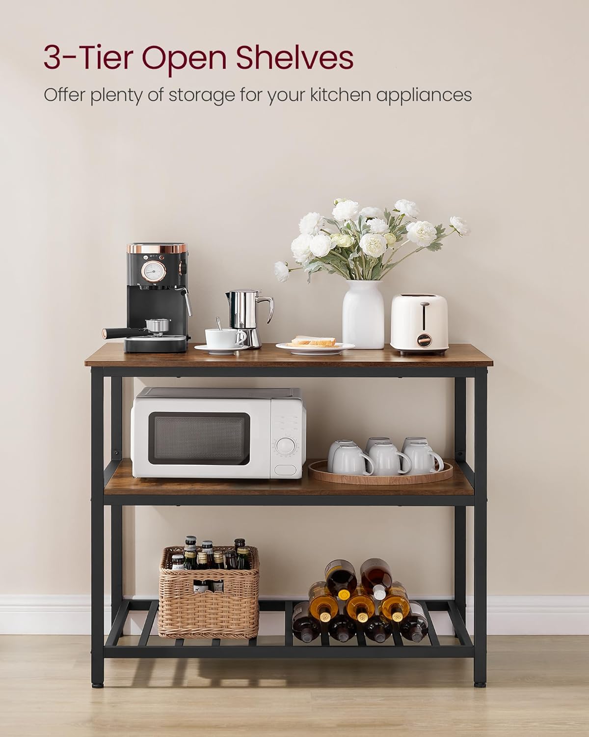 Kitchen Island with 3 Shelves, 39.4 Inches Kitchen Shelf with Large Worktop, Stable Steel Structure, Industrial, Easy to Assemble, Rustic Brown and Black