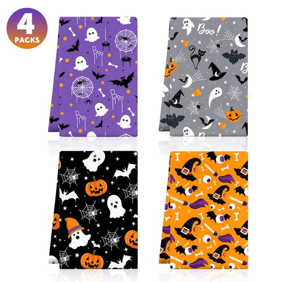 Godance 4 Pcs Halloween Kitchen Towels - 16 x 24 Inch Pumpkin Ghosts Bat Spider Web Trick or Treat Dish Towel, Ultra Absorbent Hand Drying Tea Towel for Kitchen Bathroom Party Halloween Decorations