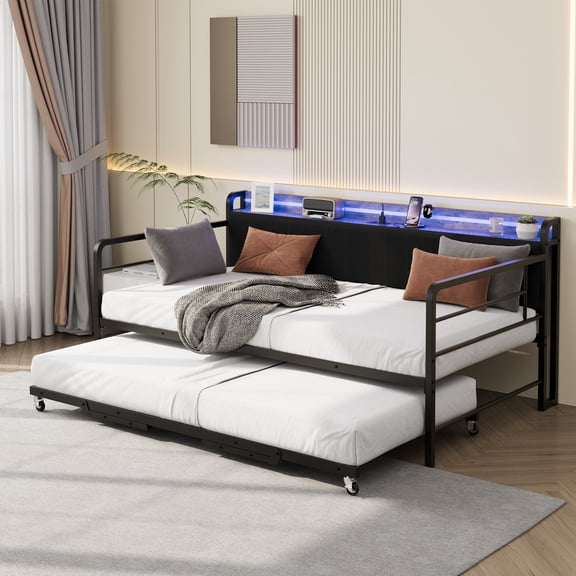 Accreate Daybed with Pop-Up Trundle, Twin Metal Bed Frame with LED Light, Charging Station and Corduroy Upholstered Storage Headboard