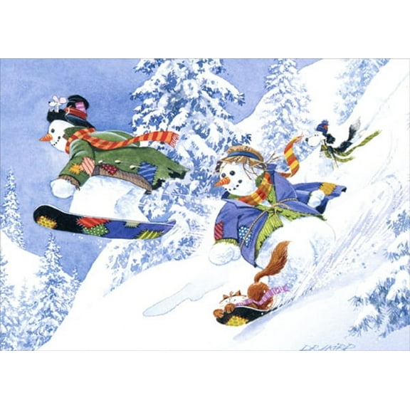 LPG Greetings Snowboarding Snowmen, Dog and Cat : DR Laird Christmas Card (1 card/1 envelope)