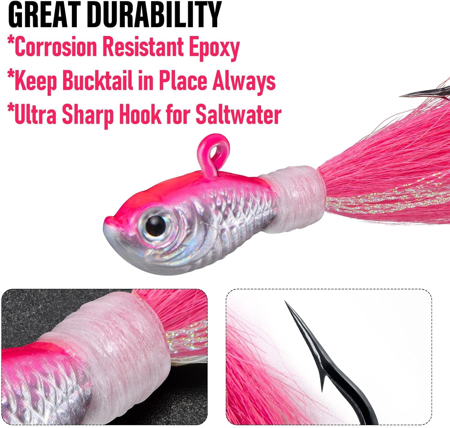 3 Pack Bucktail Jig Lure Hair Jig Saltwater Freshwater Lures Surf Fishing Bass Flounder Striper Bluefish Halibut Redfish